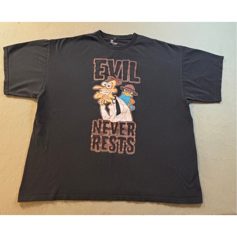 Phineas and Ferb Evil Never Rests T Shirt Mens 2XL Black Doofenshmirtz Perry Y2K